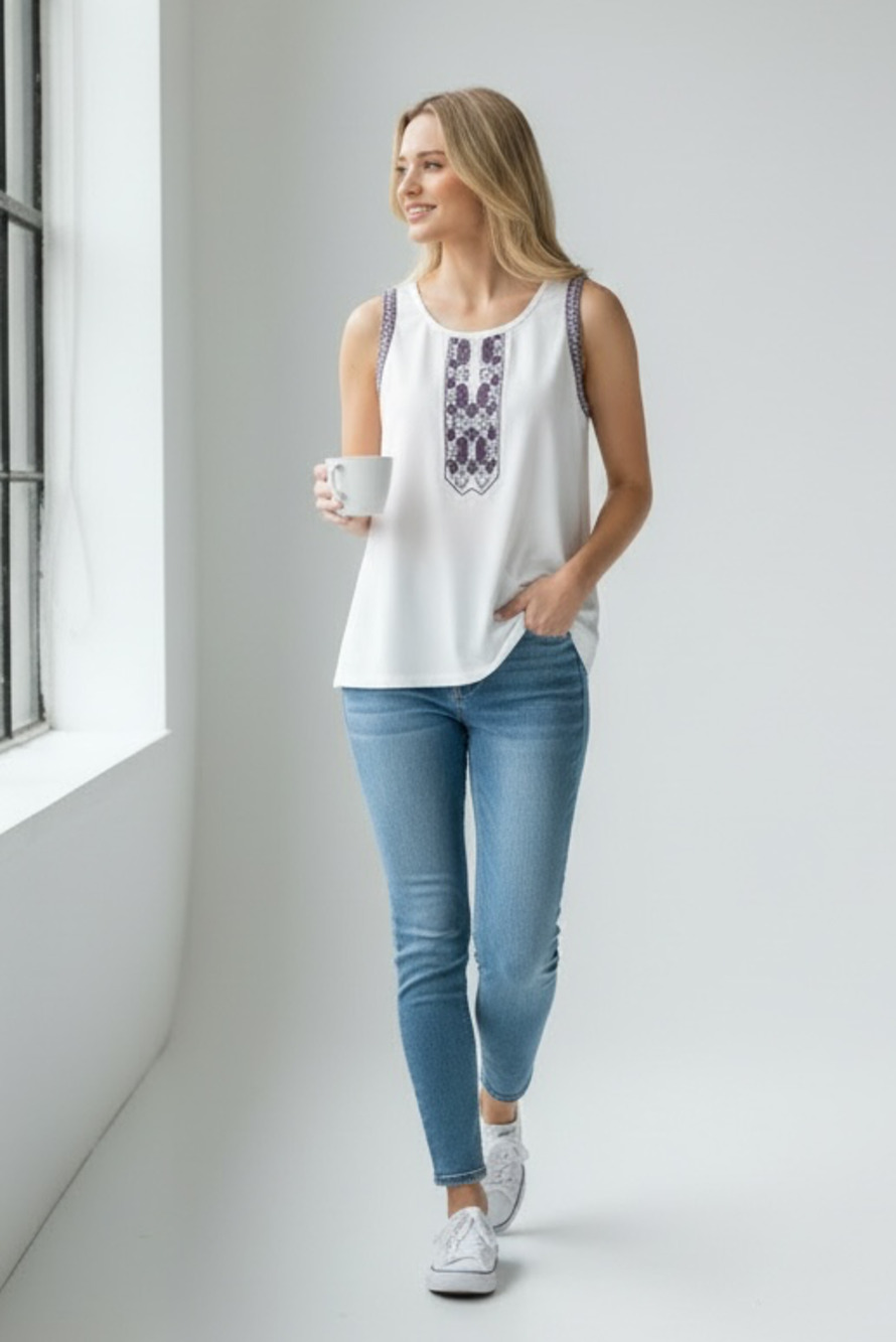 NWT Umgee Women's White Waffle Knit Sleeveless Embroidered Tank Top (FB2)